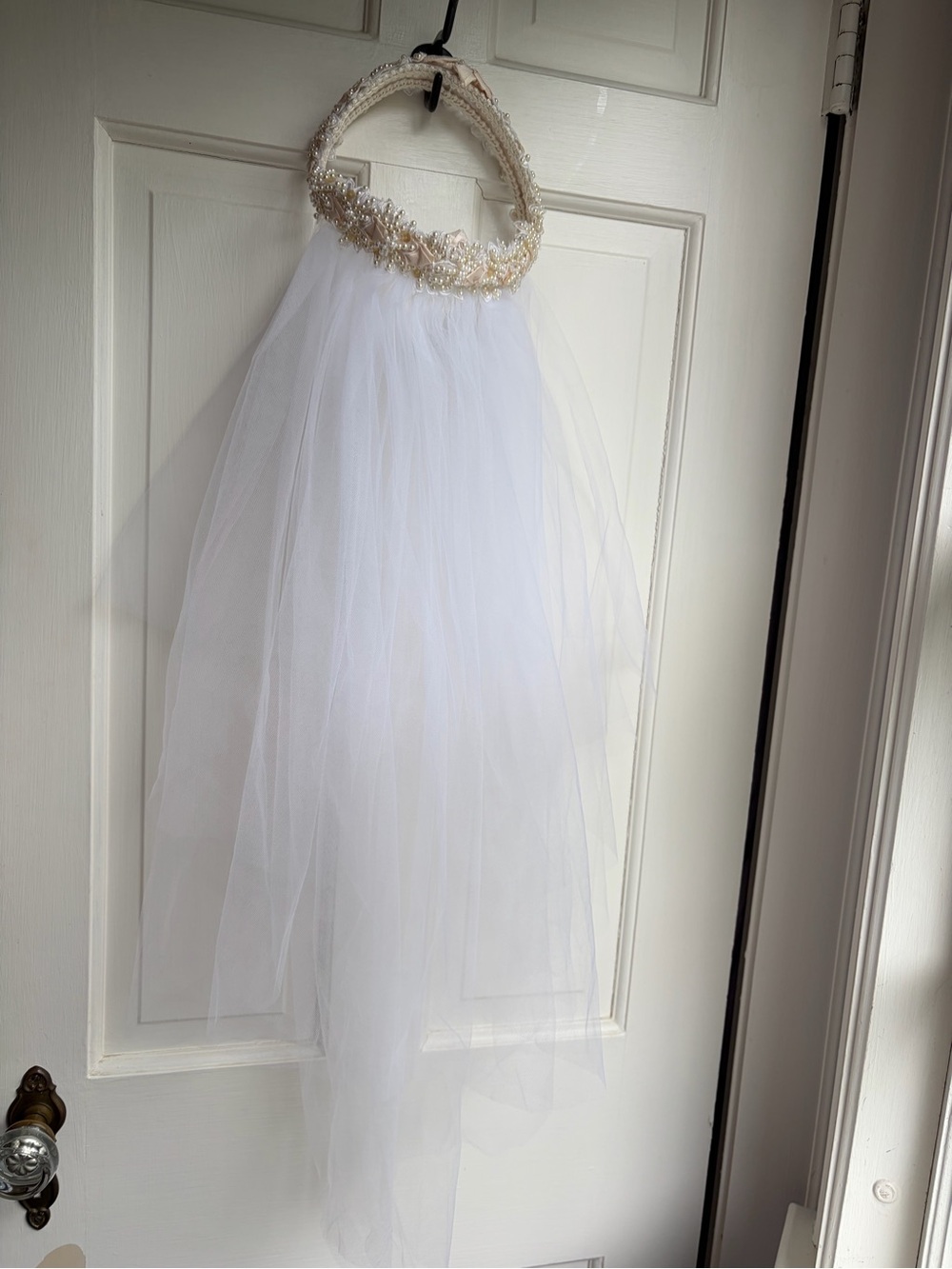 White Tulle Veil with Blush Beaded Crown